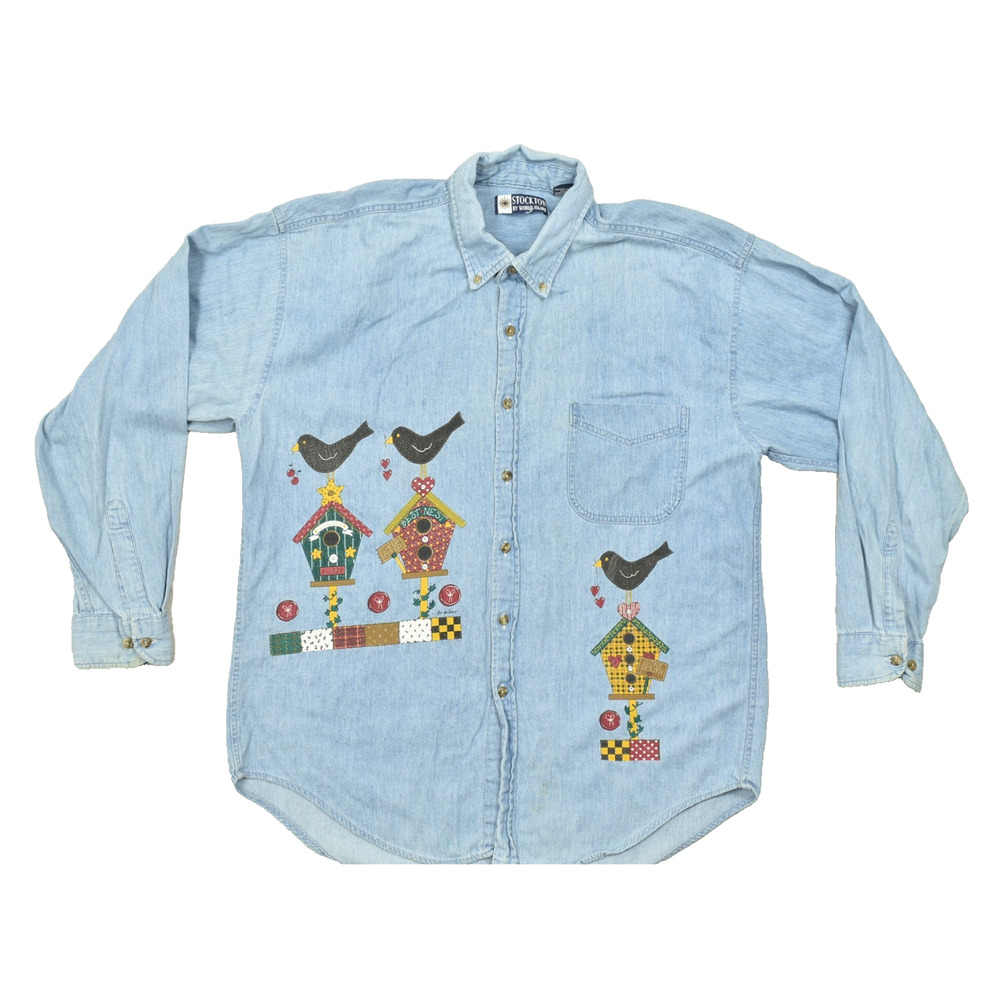 Stockton by World Island Denim Shirt Large L Blue Bird House Cozy Inn 100% Cotto